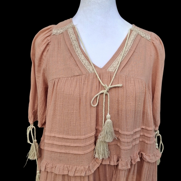 Listicle Tassel Tie Tiered Midi Flowy Boho Cotton Pink Dress Women Size Small - Picture 4 of 16